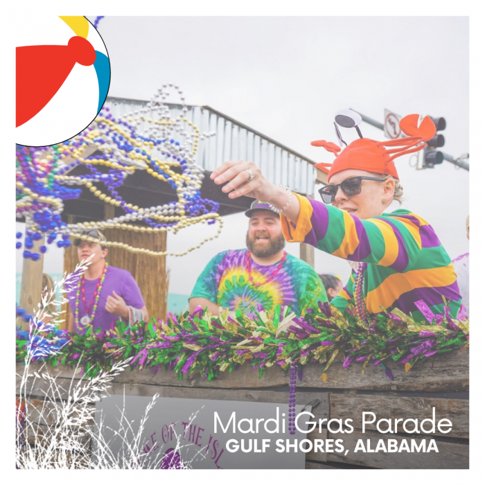 Someone throwing beads on a Mardi Gras float
